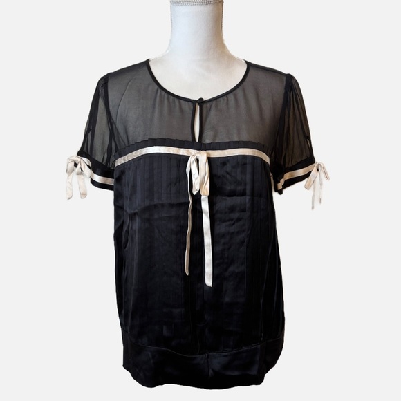 Bebe Y2K Coquette Short Sleeve Silk Blouse Black with Cream Ribbon Detailing - Picture 14 of 14
